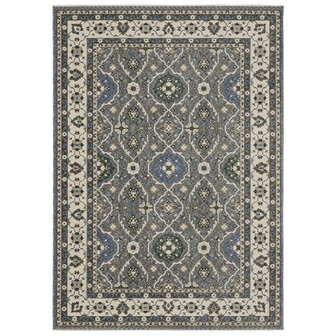 5' X 8' Blue And Gray Oriental Area Rug With Fringe